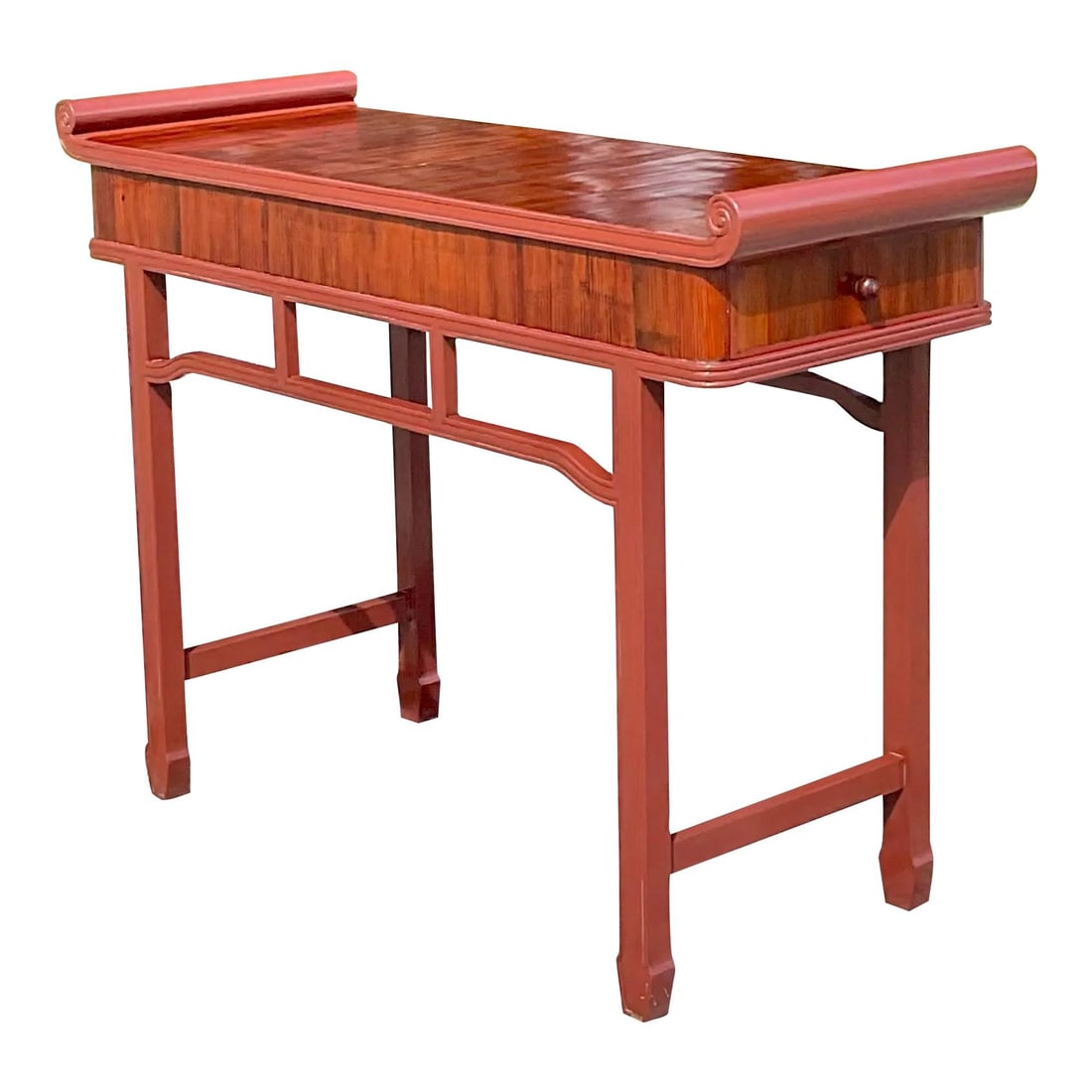 Vintage Boho Pagoda Console Table Reclaimed Wood Brick Red Finish: Vintage Boho Pagoda Console Table Reclaimed Wood Brick Red Finish This stunning vintage Boho console table showcases a chic Pagoda design crafted from reclaimed wood. Featuring a deep brick red color 