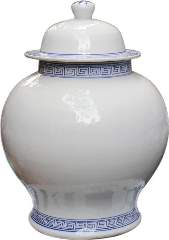 Handmade Greek Style White Ceramic Temple Jar with Blue Trim: Handmade Greek Style White Ceramic Temple Jar with Blue Trim This Handmade White Temple Jar showcases an elegant vintage style, crafted from durable ceramic. Featuring a beautiful Greek key trim and a