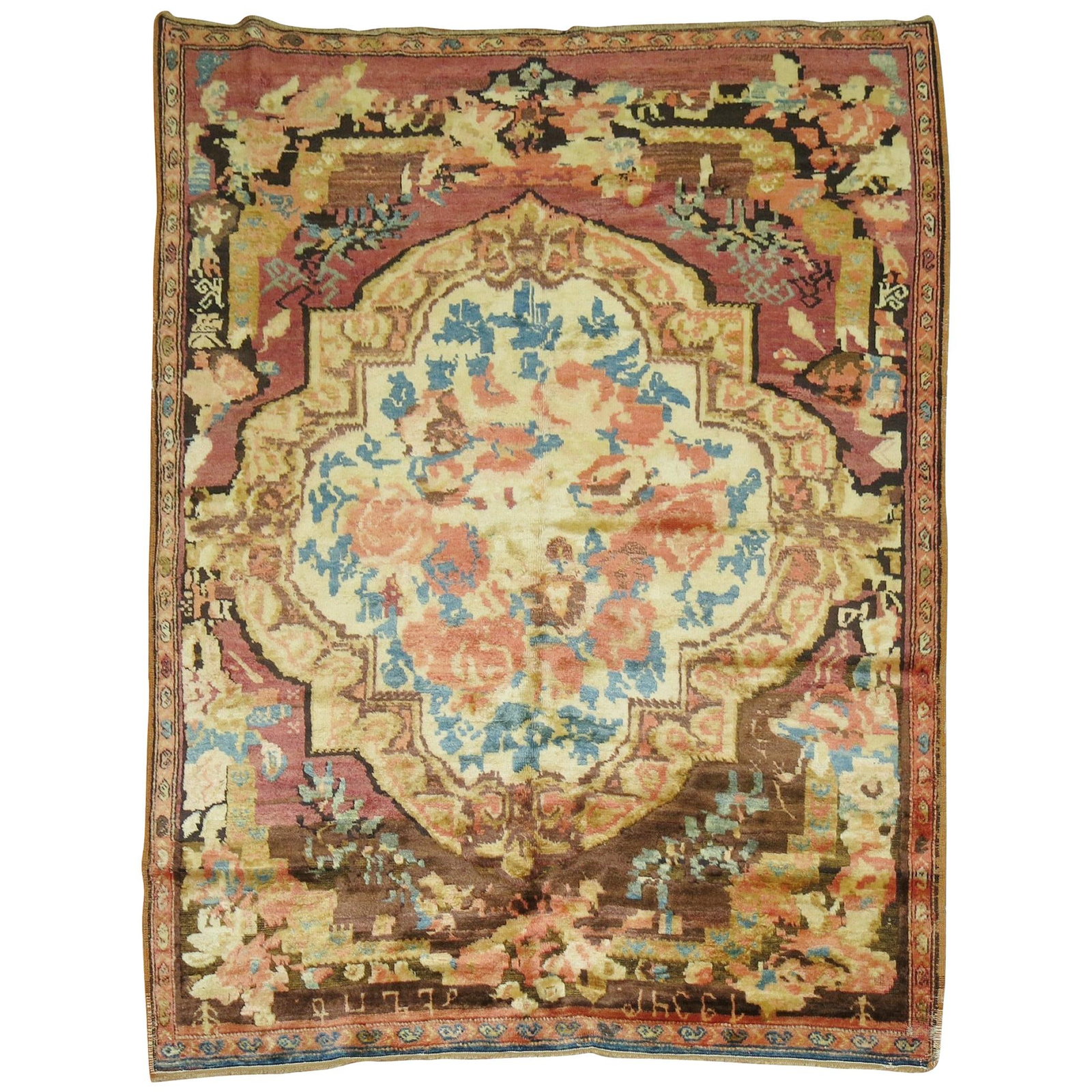 1934 Armenian Karabagh Floral Wool Handwoven Rug: 1934 Armenian Karabagh Floral Wool Handwoven Rug This handwoven Karabagh rug from Armenia, dated 1934, features a romantic floral motif and is signed by the weaver. Crafted from wool, the rug has a si