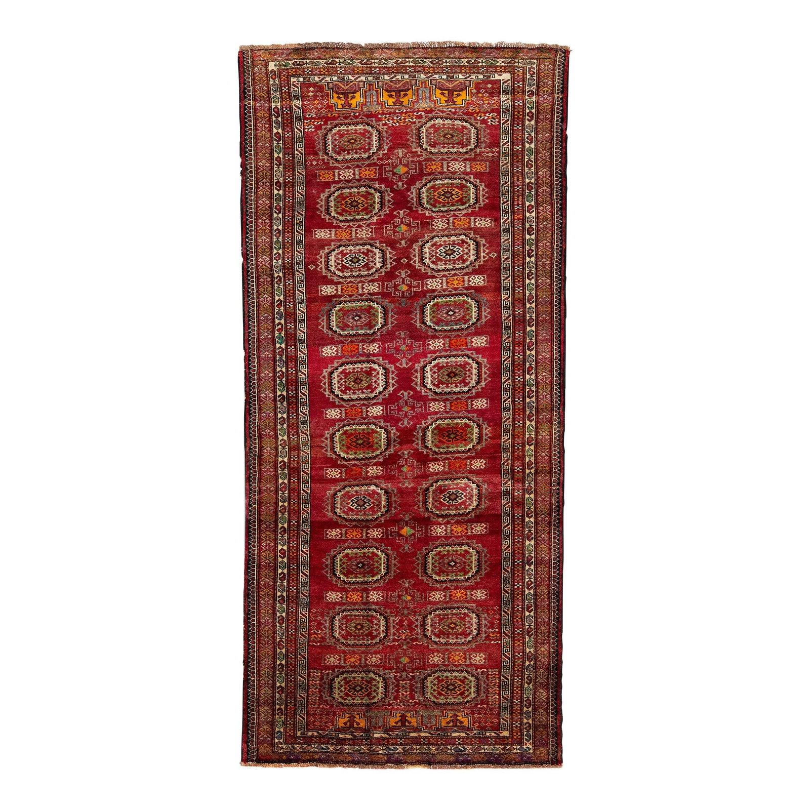 Vintage Handmade Persian Shiraz Wool Rug Red Medallion 3'8" x 8'2": Vintage Handmade Persian Shiraz Wool Rug Red Medallion 3'8" x 8'2" Enhance your space with this stunning Vintage Persian Shiraz hand-knotted wool rug, featuring a vibrant red color field complemented 