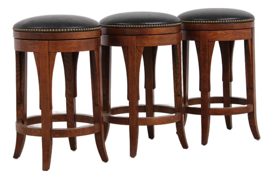 3 Stickley Oak Counter Stools with Black Leather Seats Set of 3 (1 of 10)