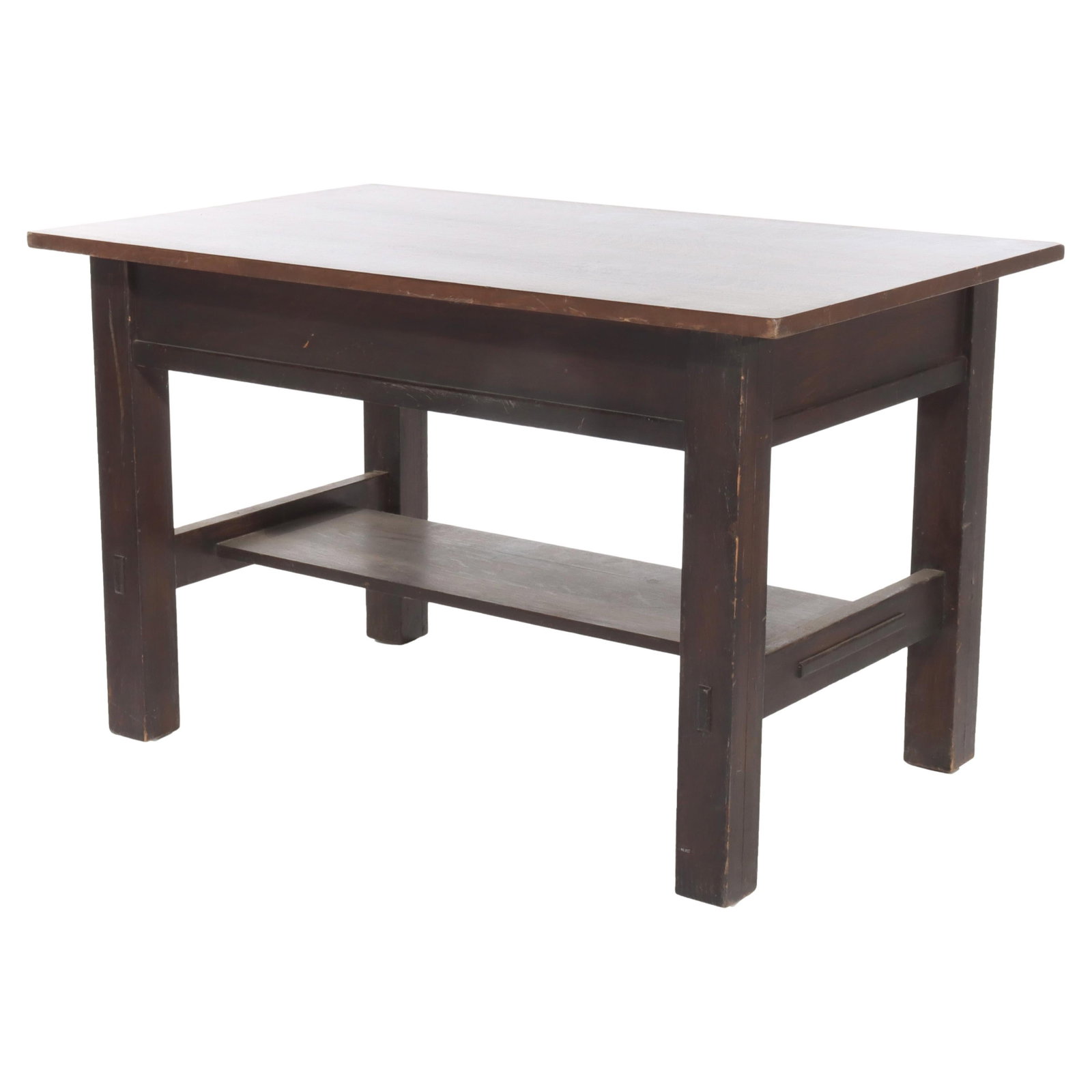 Antique Grand Rapids Mission Oak Library Table Signed C1920 Double Drawer: Antique Grand Rapids Mission Oak Library Table Signed C1920 Double Drawer This Antique Library Table, crafted by the Grand Rapids Chair Co. around 1920, showcases the elegance of the Arts & Crafts Mis