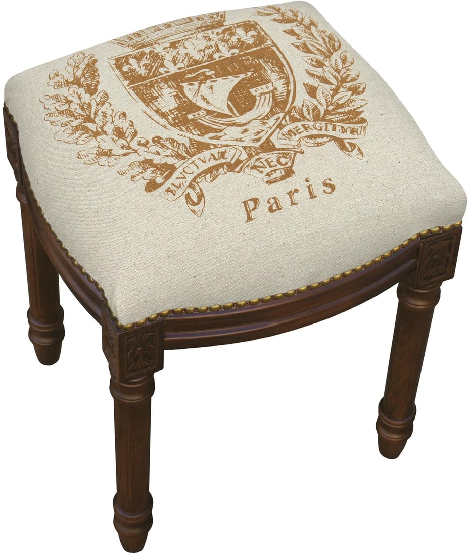 Chic French Country Vanity Stool with Brass Nailheads: Chic French Country Vanity Stool with Brass Nailheads This elegant vanity stool exudes Parisian flair with its French Country style. Crafted with a charming antique or vintage aesthetic, it features a