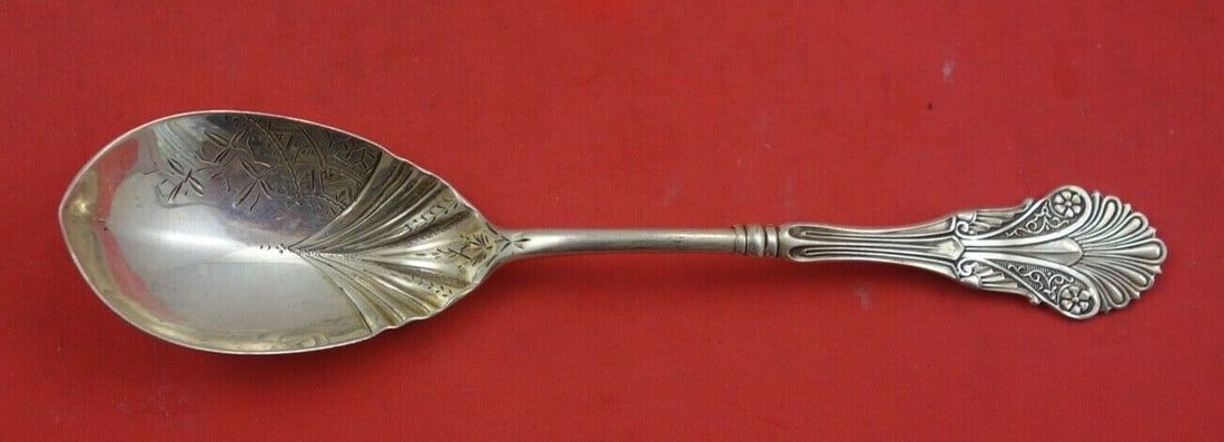 Shiebler Corinthian Sterling Silver Preserve Spoon 7 Bright-Cut Design (1 of 2)