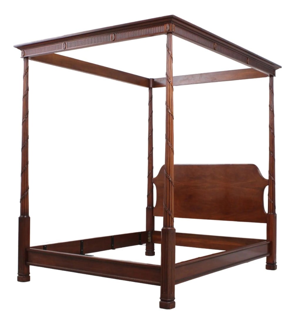 Queen Mahogany Canopy Bed with Carved Posts and High Sheen Finish (1 of 10)