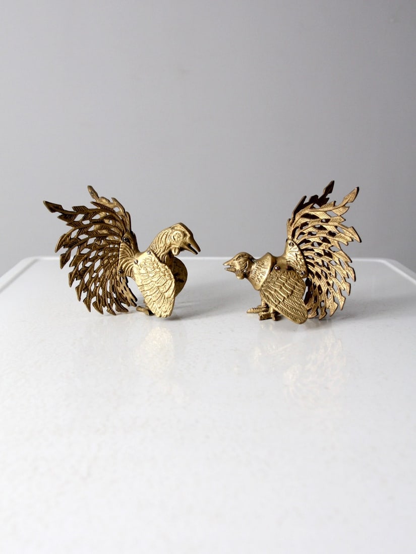 Pair of Brass Rooster Sculptures with Fan Shaped Tails Mid 20th Century (1 of 7)