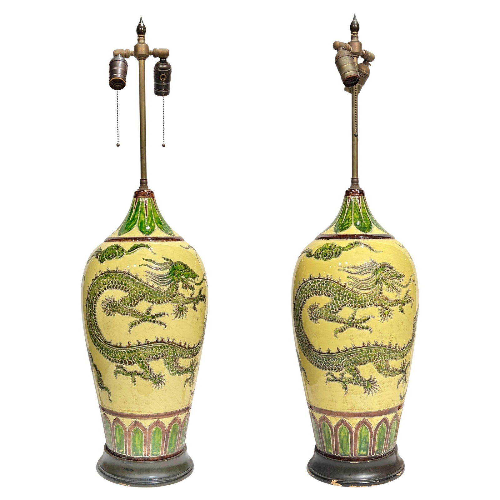 Set of Two Chinese Yellow Dragon Vase Lamps Circa 1900: Set of Two Chinese Yellow Dragon Vase Lamps Circa 1900 This pair of late 19th century Chinese export vases has been later mounted as table lamps. Each lamp features incised designs of stylized dragons