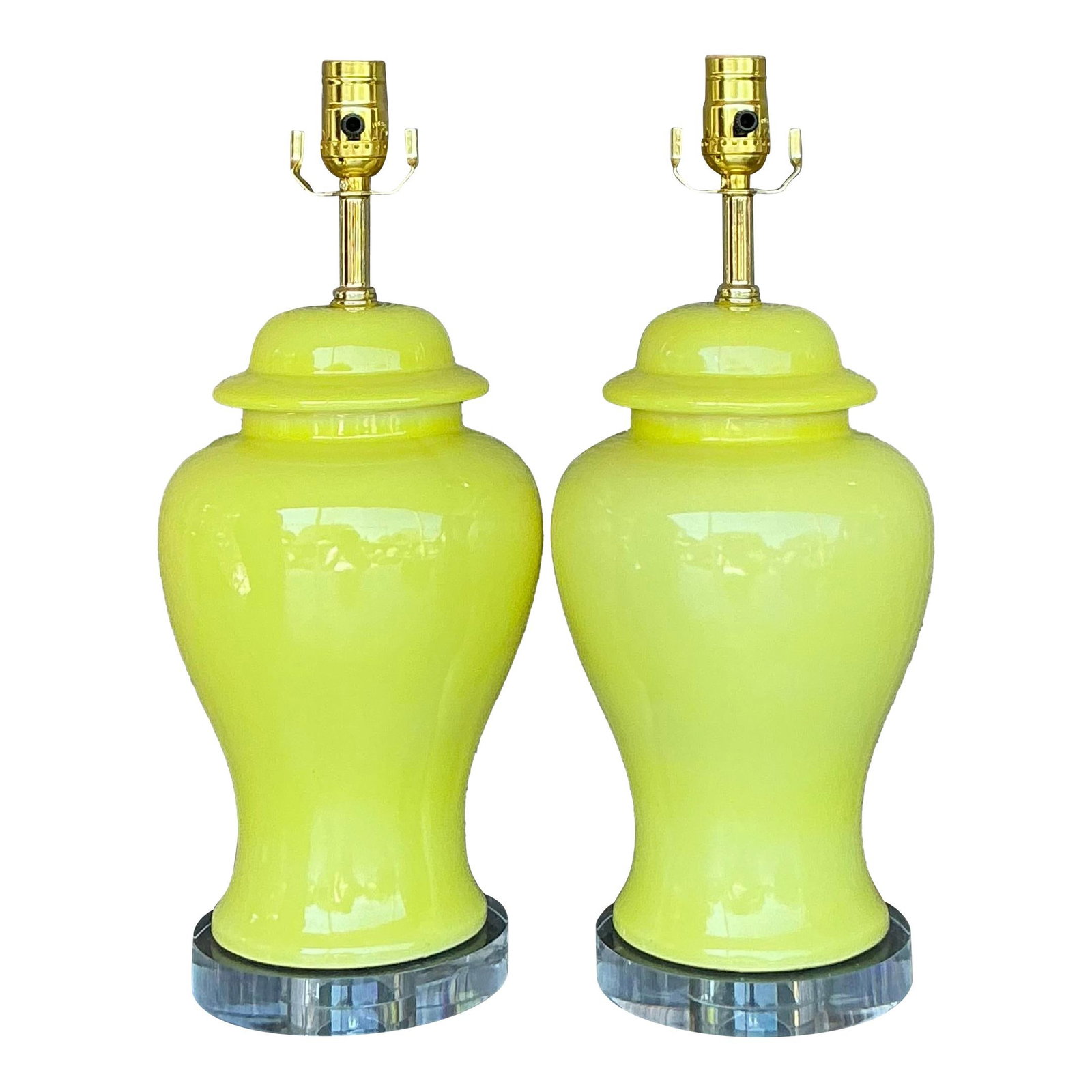 Pair of Vintage Yellow Glazed Ceramic Ginger Jar Lamps: Pair of Vintage Yellow Glazed Ceramic Ginger Jar Lamps Illuminate your home with this exquisite pair of vintage Regency-style ginger jar lamps, showcasing a vibrant yellow glaze. With their elegant cu