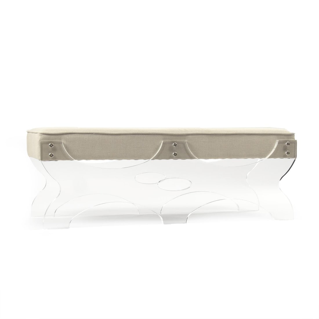 Zentique Melodie Linen Bench with Transparent Legs: Zentique Melodie Linen Bench with Transparent Legs This stunning linen bench features a unique transparent leg design, blending antique or vintage style with modern elegance. Part of the Melodie colle
