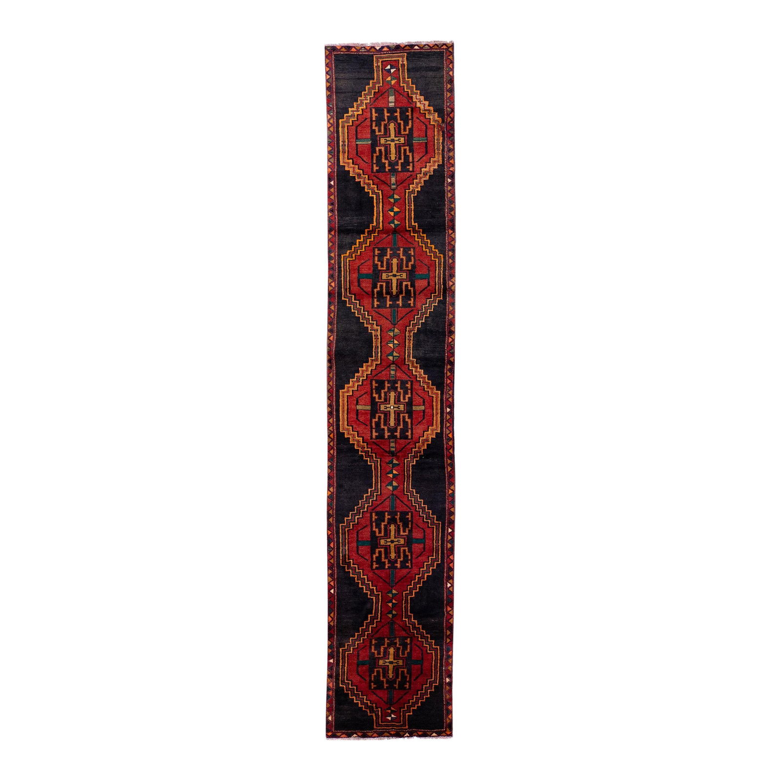 1960s Persian Heriz Handmade Wool Runner Red Medallion 2'7 x 14': 1960s Persian Heriz Handmade Wool Runner Red Medallion 2'7 x 14' This stunning vintage Persian Heriz runner features a hand-knotted wool construction and a vibrant red color field, beautifully accente