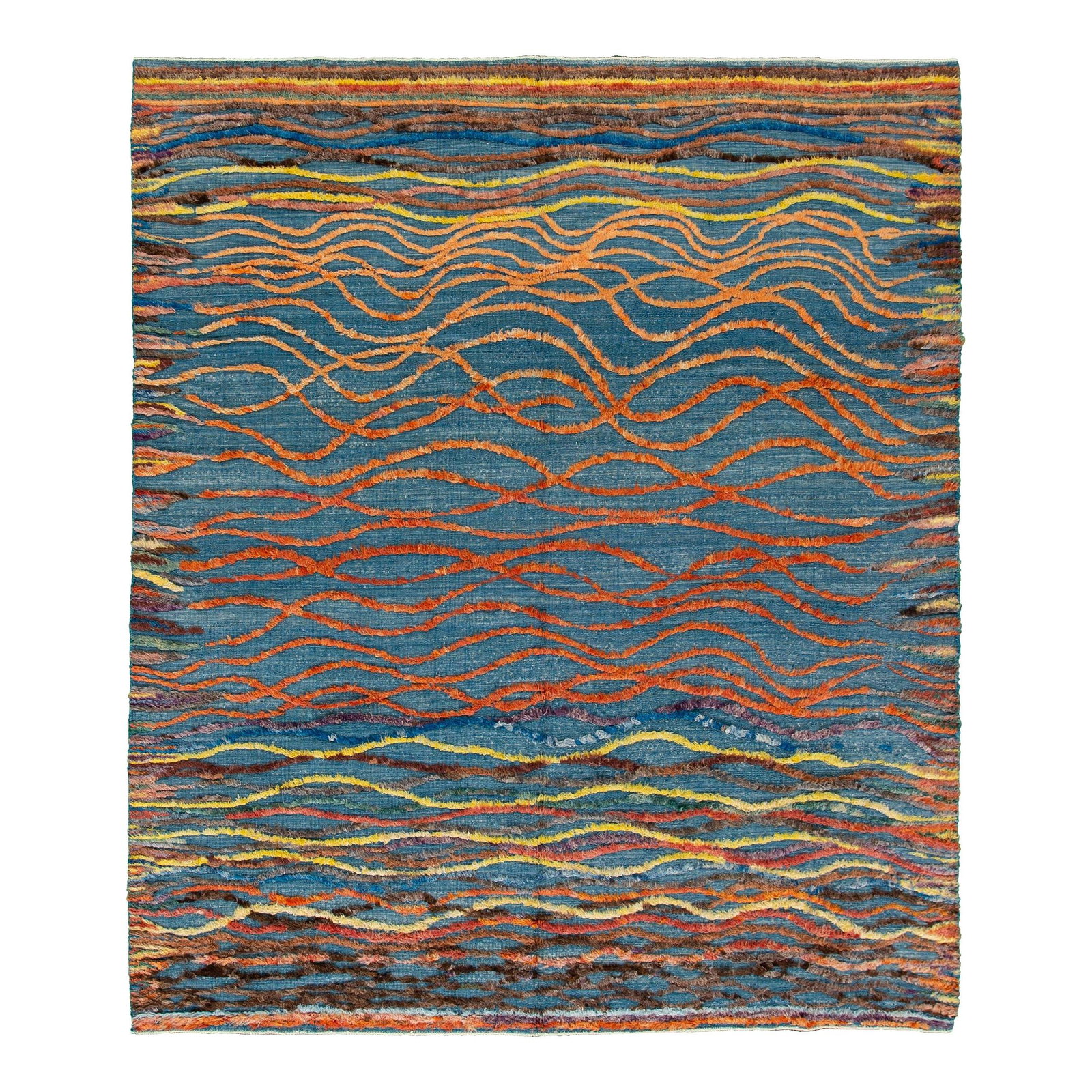 Blue Moroccan Style Wool Rug 8'2 x 9'2 Multicolor Abstract Design: Blue Moroccan Style Wool Rug 8'2 x 9'2 Multicolor Abstract Design Elevate your living space with this exquisite hand-knotted wool rug, featuring a contemporary Moroccan-style design. Its vibrant multi