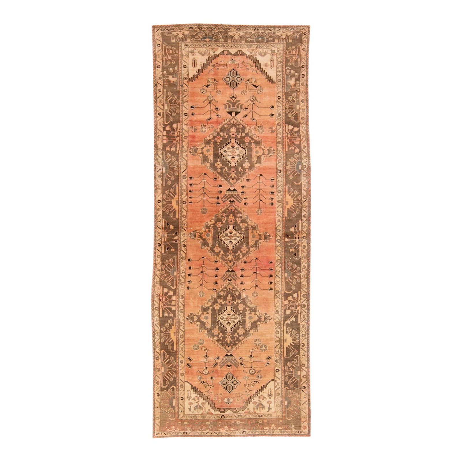 Hand-Knotted Vintage Distressed Medallion Peach Wool Runner 4'11 x 12'10: Hand-Knotted Vintage Distressed Medallion Peach Wool Runner 4'11 x 12'10 Enhance your space with this stunning vintage distressed medallion hand-knotted wool runner, featuring a soft peach field. The 