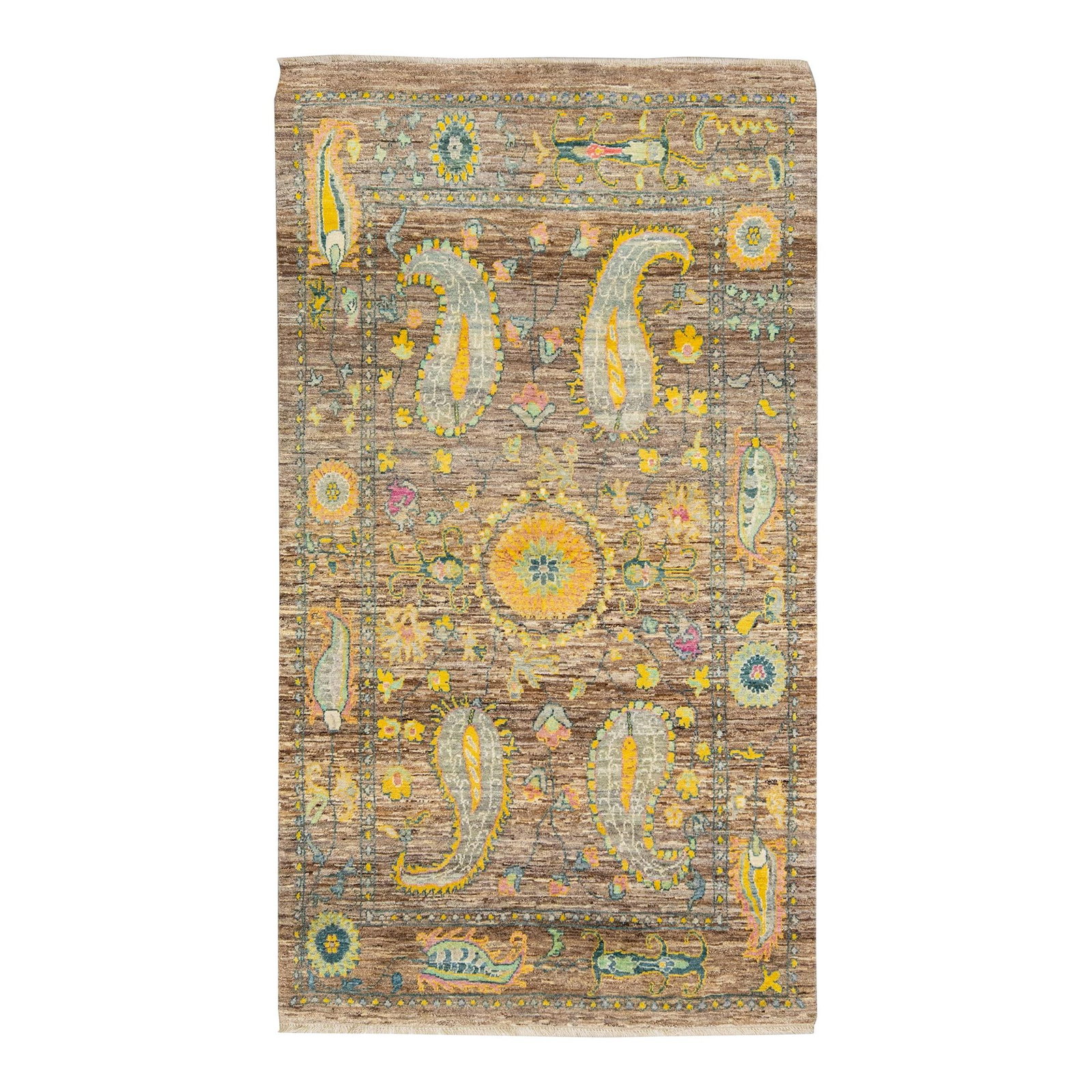 Elegant Modern Oushak Floral Wool Rug 5' x 9'2: Elegant Modern Oushak Floral Wool Rug 5' x 9'2 Enhance your living space with this exquisite Modern Oushak handmade wool rug. Featuring a rich brown field, this hand-knotted piece is adorned with vibr