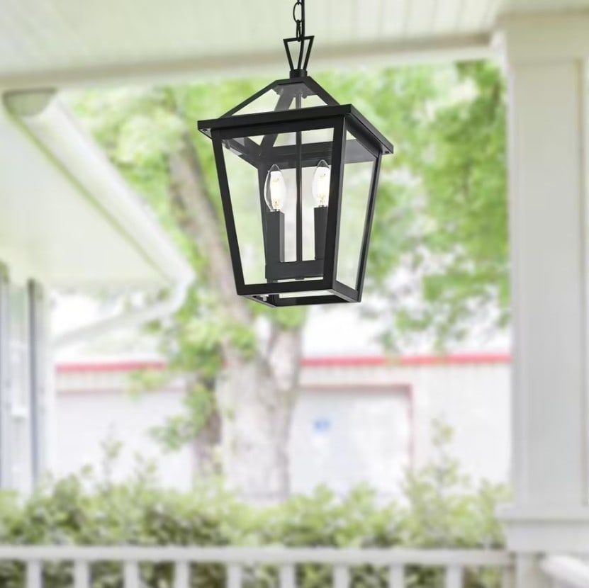 Frankford Black Outdoor 17 Inch Pendant Lantern with Clear Glass and Two Lights: Frankford Black Outdoor 17 Inch Pendant Lantern with Clear Glass and Two Lights This outdoor chandelier light fixture is designed for exterior spaces such as porches, walkways, patios, and entryways. 