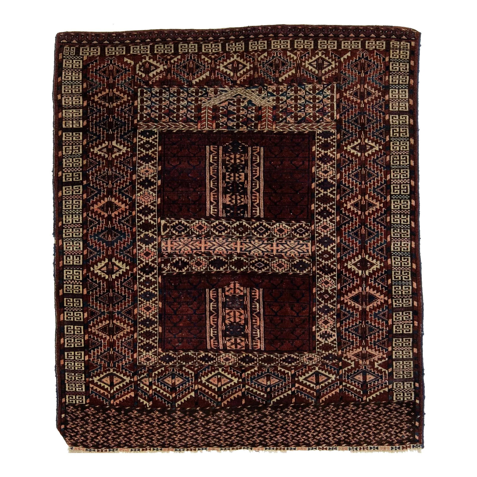 Antique Afghan Yamoud Wool Rug Burgundy Geometric Design 3'11 x 4'6: Antique Afghan Yamoud Wool Rug Burgundy Geometric Design 3'11 x 4'6 This exquisite antique Afghan Yamoud rug showcases a rich burgundy color complemented by a stunning geometric design featuring navy 
