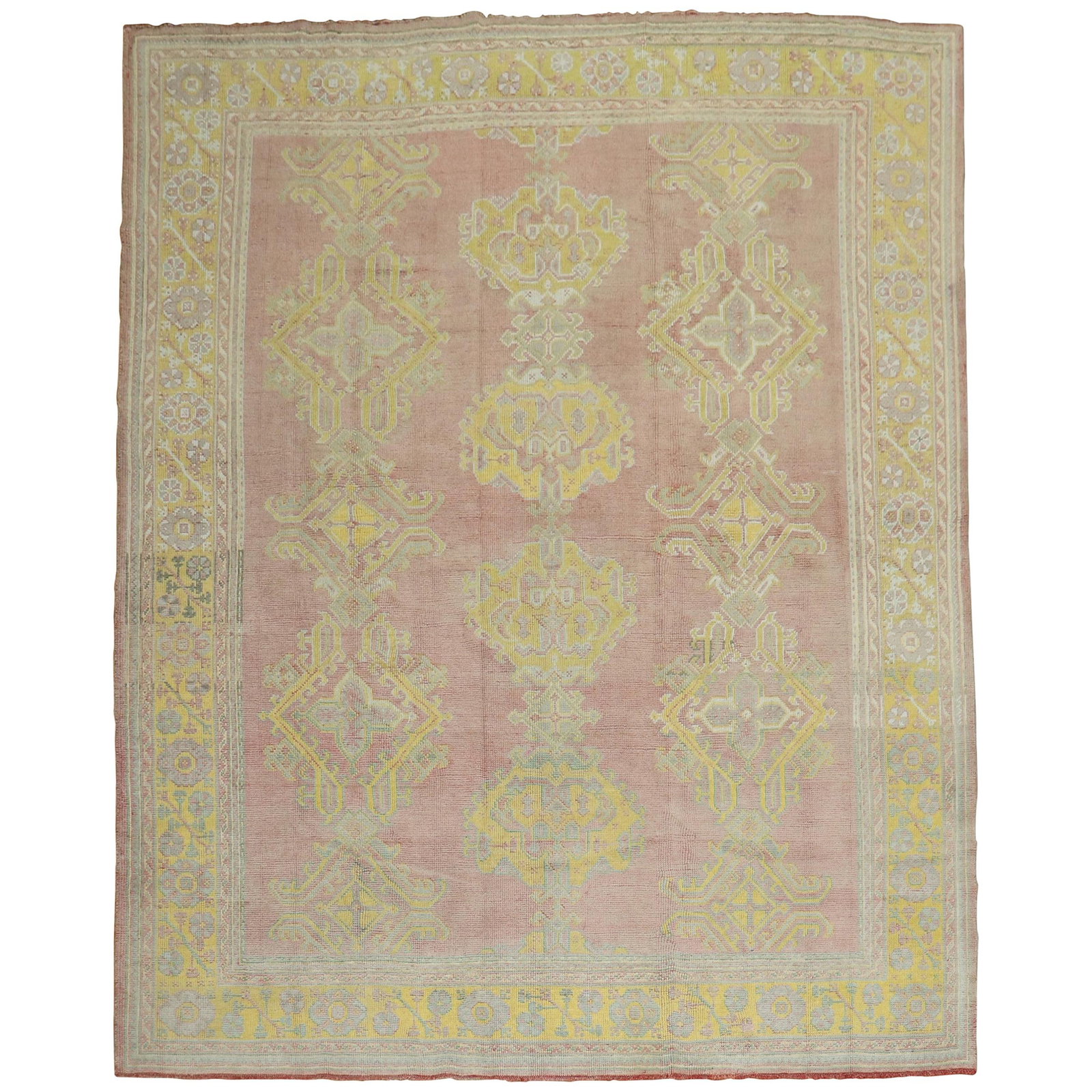 Antique Turkish Oushak Carpet Rose Bright Yellow 8'2" x 10'4" Hand-Woven Wool: Antique Turkish Oushak Carpet Rose Bright Yellow 8'2" x 10'4" Hand-Woven Wool Introducing the Zabihi Collection Rose Bright Yellow Antique Turkish Oushak Carpet, a striking hand-woven piece that embod