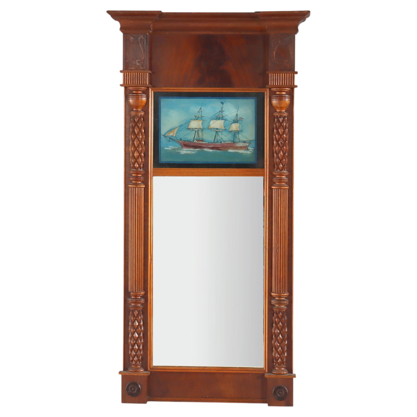 Mahogany Federal Wall Mirror With Red Jacket Ship Eglomise Glass Panel (1 of 11)