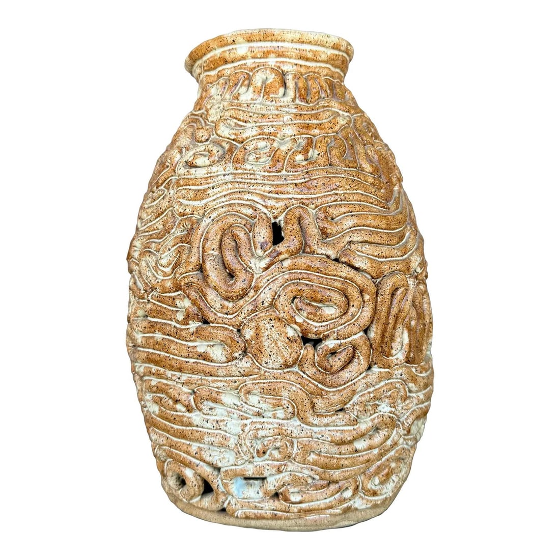 Handcrafted Studio Ceramic Coil Pot with Abstract Boho Design: Handcrafted Studio Ceramic Coil Pot with Abstract Boho Design This vintage boho studio pottery coil pot features a hand-built construction with visible spiral forms that wrap rhythmically around its c