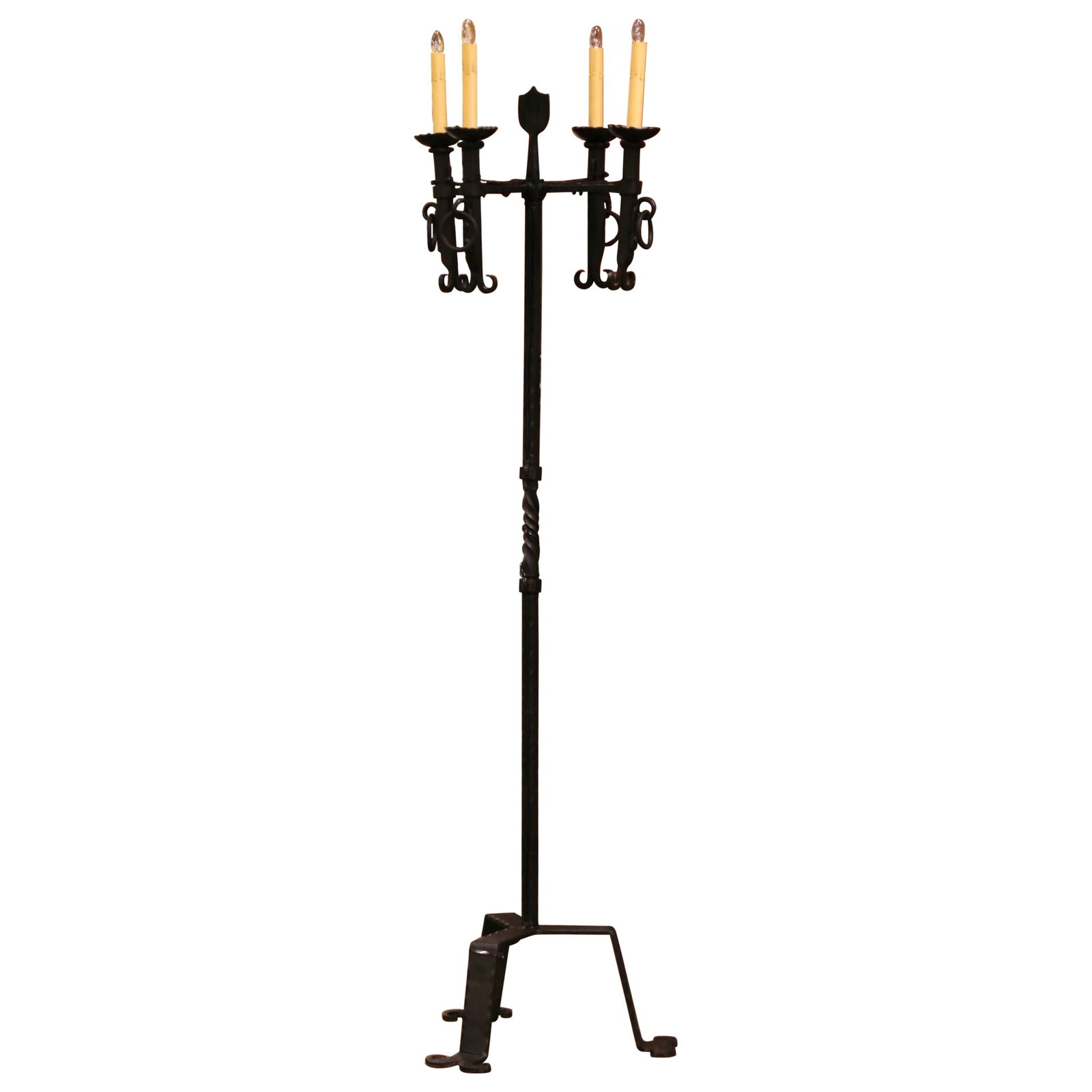 Antique French Gothic Forged Iron Four-Light Floor Lamp circa 1920: Antique French Gothic Forged Iron Four-Light Floor Lamp circa 1920 Illuminate your space with this exquisite Early 20th Century French Gothic Forged Iron Four-Light Floor Lamp. Crafted in southern Fra