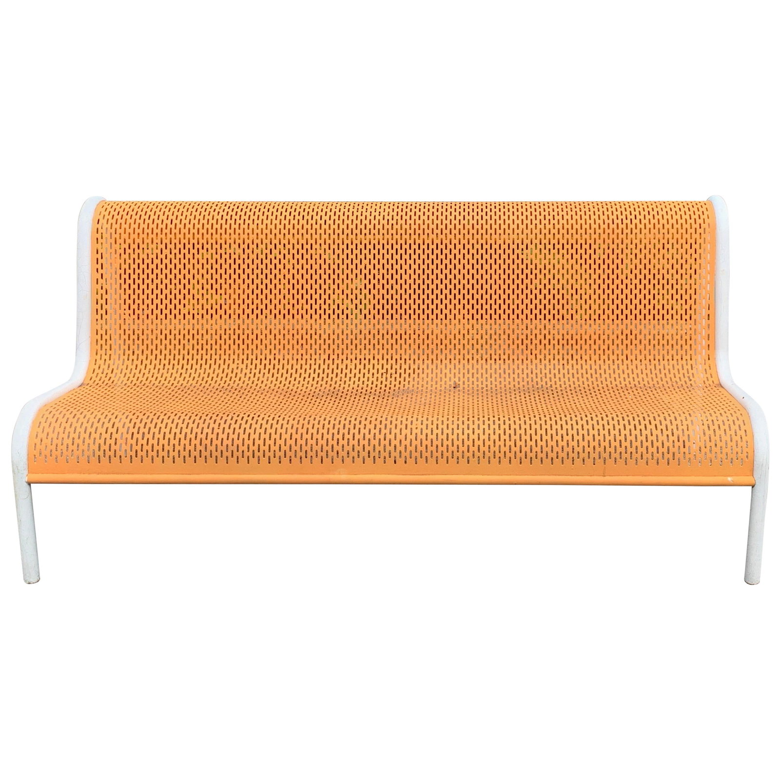 Miami Modern Wrought Iron Sculptural Long Bench Vintage Orange 1980s: Miami Modern Wrought Iron Sculptural Long Bench Vintage Orange 1980s This Miami Modern wrought iron sculptural long bench features a striking design with a flowing pierced back and seat rest. Finished