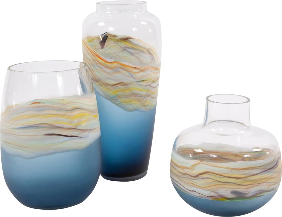 Howard Elliott Cyprus Amber Blue Frosted Round Glass Vase 12H (1 of 5)