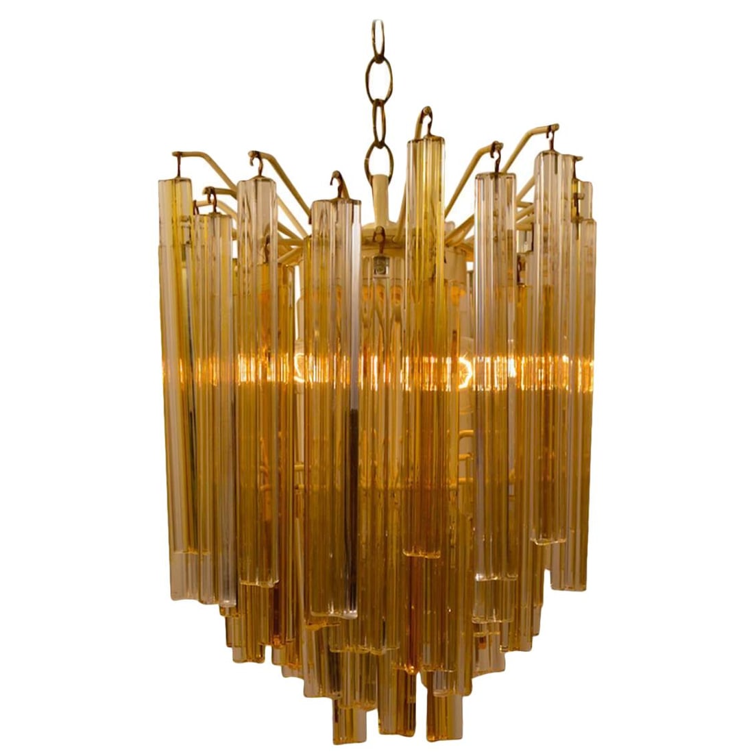 Vintage Venini Two-Tone Amber Glass Prism Chandelier: Vintage Venini Two-Tone Amber Glass Prism Chandelier This vintage Venini chandelier features stunning glass prisms with a two-tone design, showcasing amber and clear drops. This beautiful piece is in 