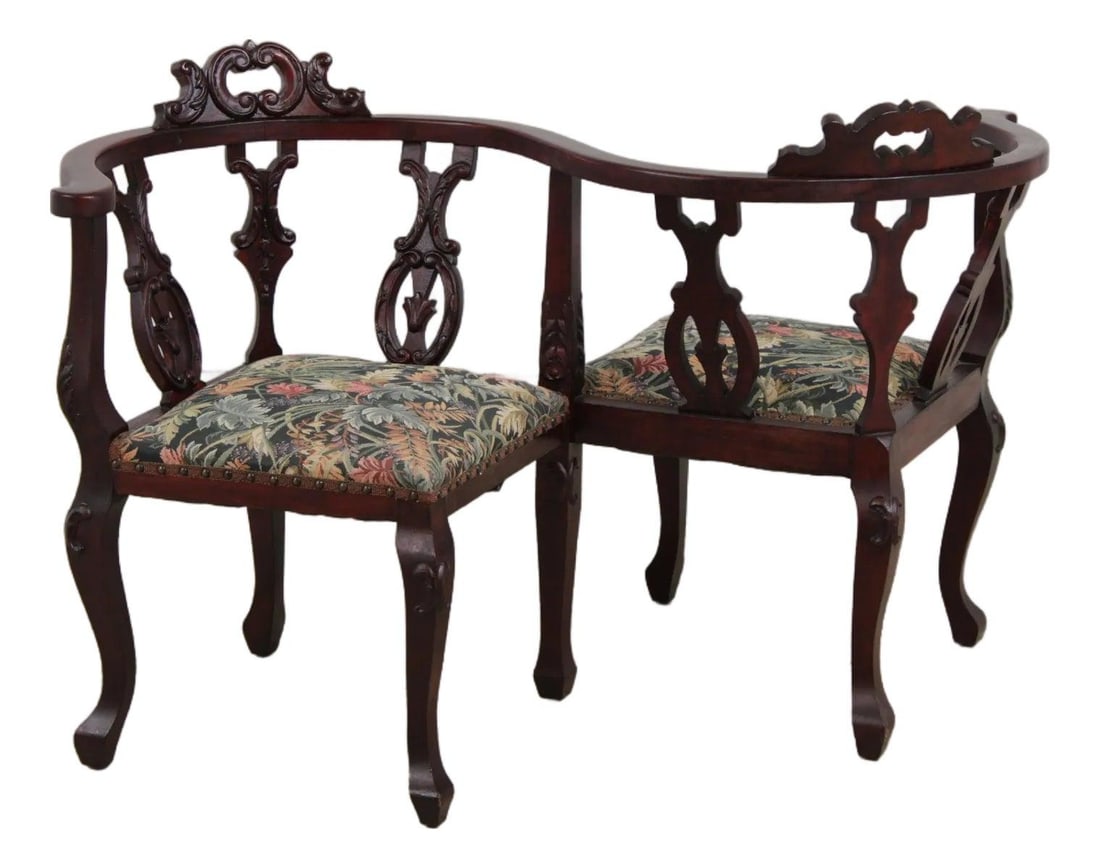 Victorian Tete Tete Courting Chair Tapestry Upholstery Brown (1 of 10)