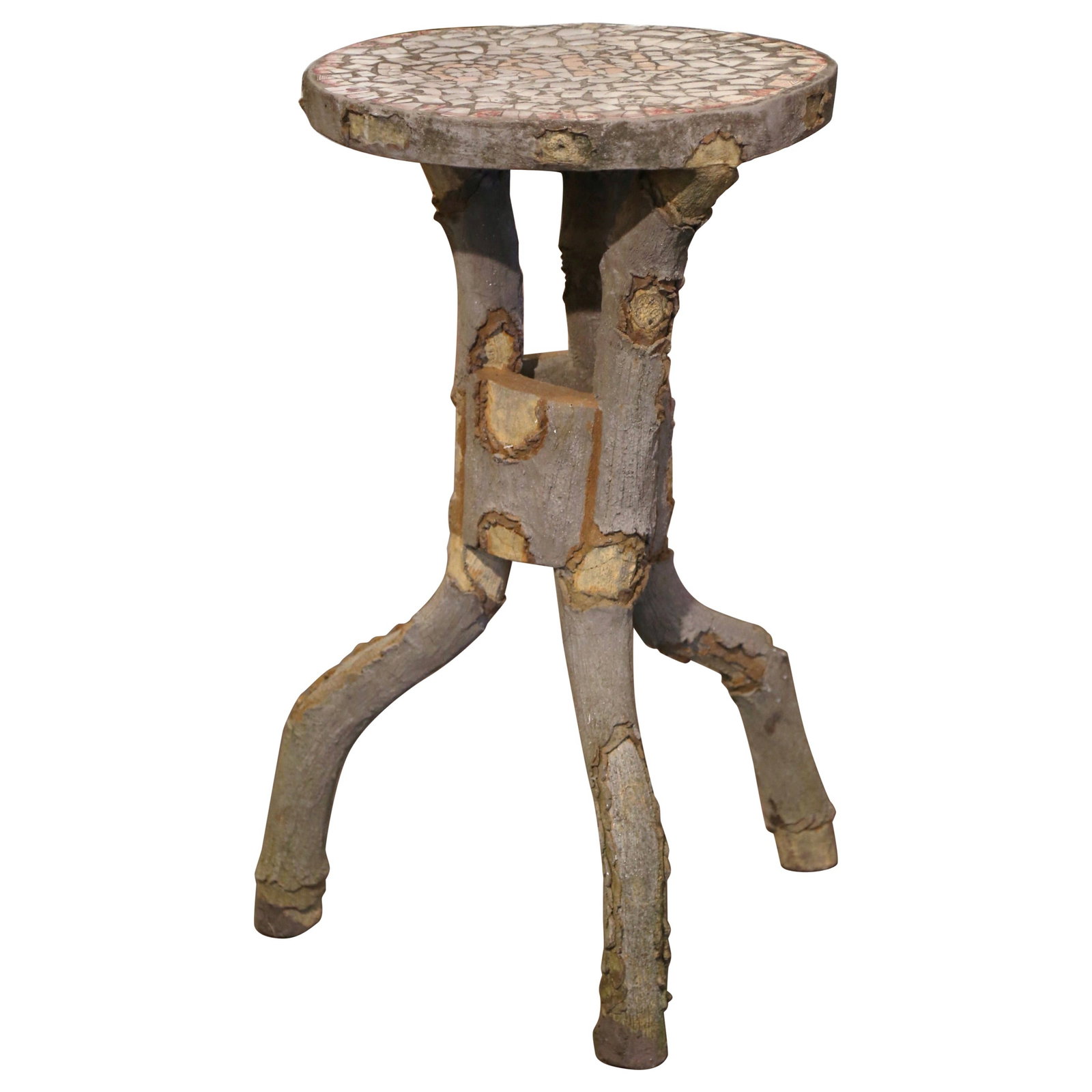 French Mosaic Porcelain and Concrete Faux Bois Patio Table Circa 1950: French Mosaic Porcelain and Concrete Faux Bois Patio Table Circa 1950 This mid-century French outdoor table, crafted circa 1950 in Normandy, features a hand-crafted concrete base in a branch form trip