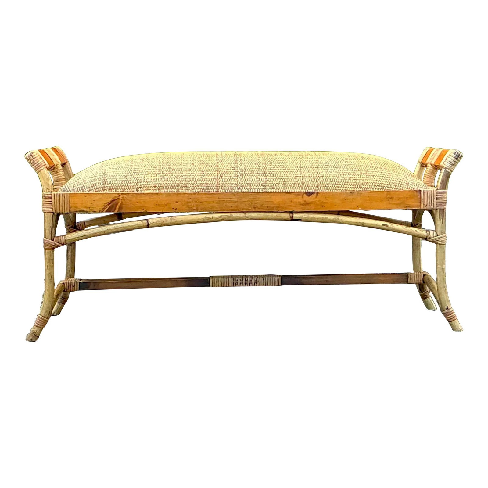 Vintage Coastal Woven Rattan Bench Khaki 47.5in Width: Vintage Coastal Woven Rattan Bench Khaki 47.5in Width Transform your space with this Vintage Coastal Woven Rattan Bench, designed to enhance any coastal retreat. The bench features an expertly woven r