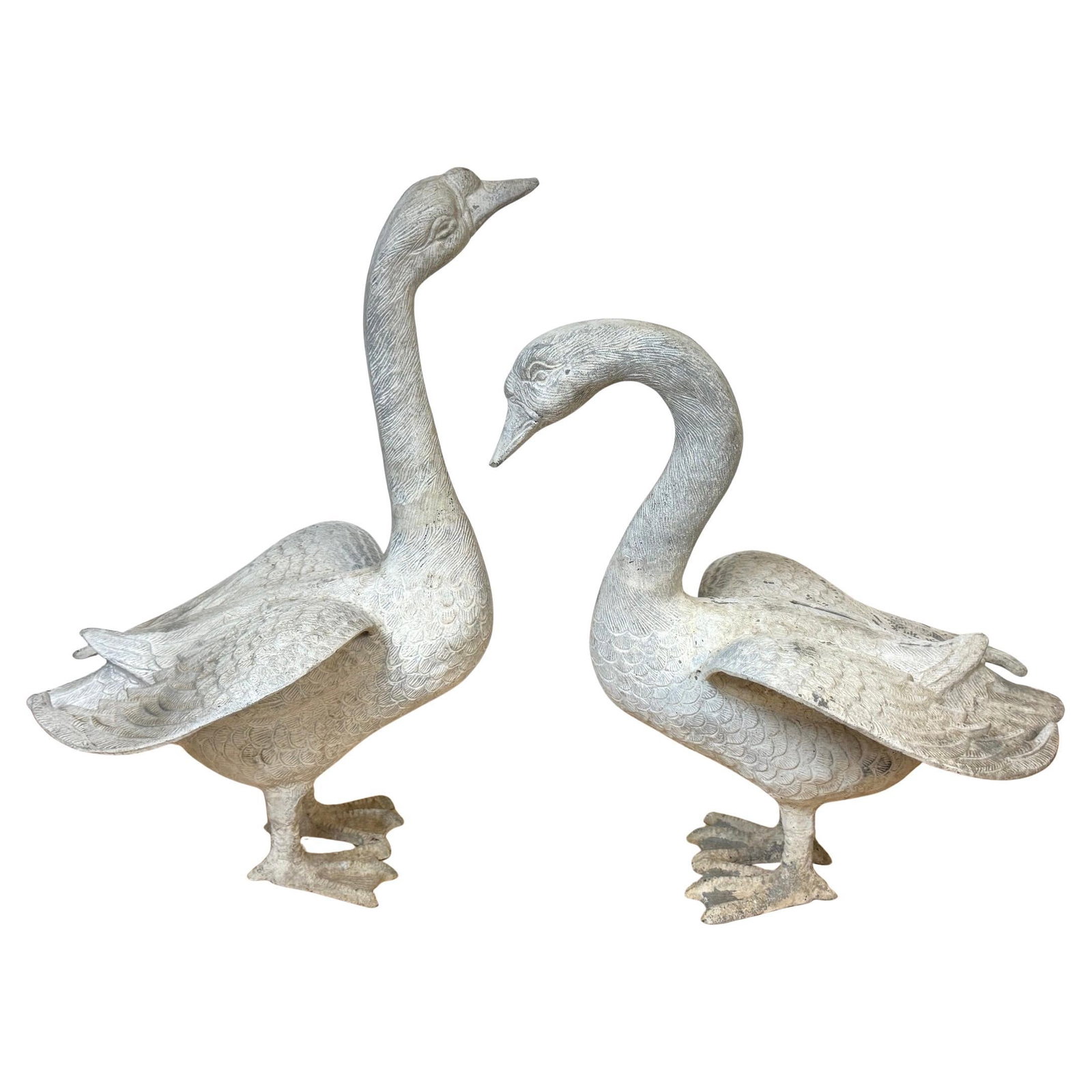 Set of Two Mid-Century Zinc Alloy Swan Outdoor Sculptures with Patina: Set of Two Mid-Century Zinc Alloy Swan Outdoor Sculptures with Patina This pair of mid-20th century American swan garden sculptures is crafted from cast zinc alloy with a patinated finish, showcasing