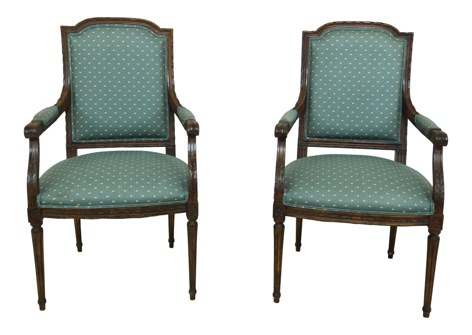 Pair of French Louis XVI Green Upholstered Open Armchairs: Pair of French Louis XVI Green Upholstered Open Armchairs This exquisite pair of French Louis XVI open armchairs features high-quality construction and showcases a classic 18th-century design, reflect