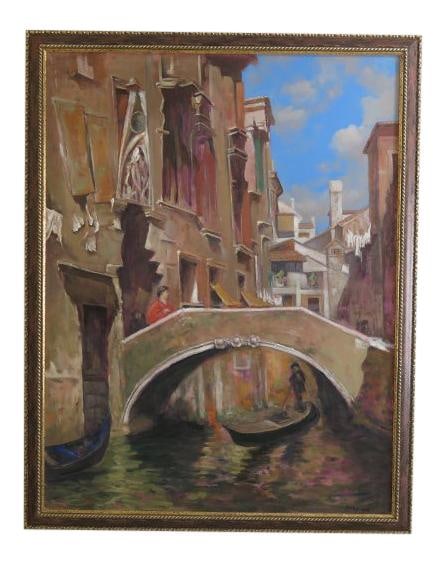 Moreschi Venice Canal Framed Oil Painting 41"w x 52"h: Moreschi Venice Canal Framed Oil Painting 41"w x 52"h This exquisite Moreschi Italian Canal Framed Oil Painting on Canvas captures the serene beauty of a Venice canal scene. Approximately 30 years old