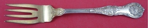Gold Washed Sterling Salad Fork 6 3/4 Inch King George Pattern: Gold Washed Sterling Salad Fork 6 3/4 Inch King George Pattern This antique King George pattern salad fork by Gorham is crafted from sterling silver and features a gold wash finish. Measuring 6 3/4 in