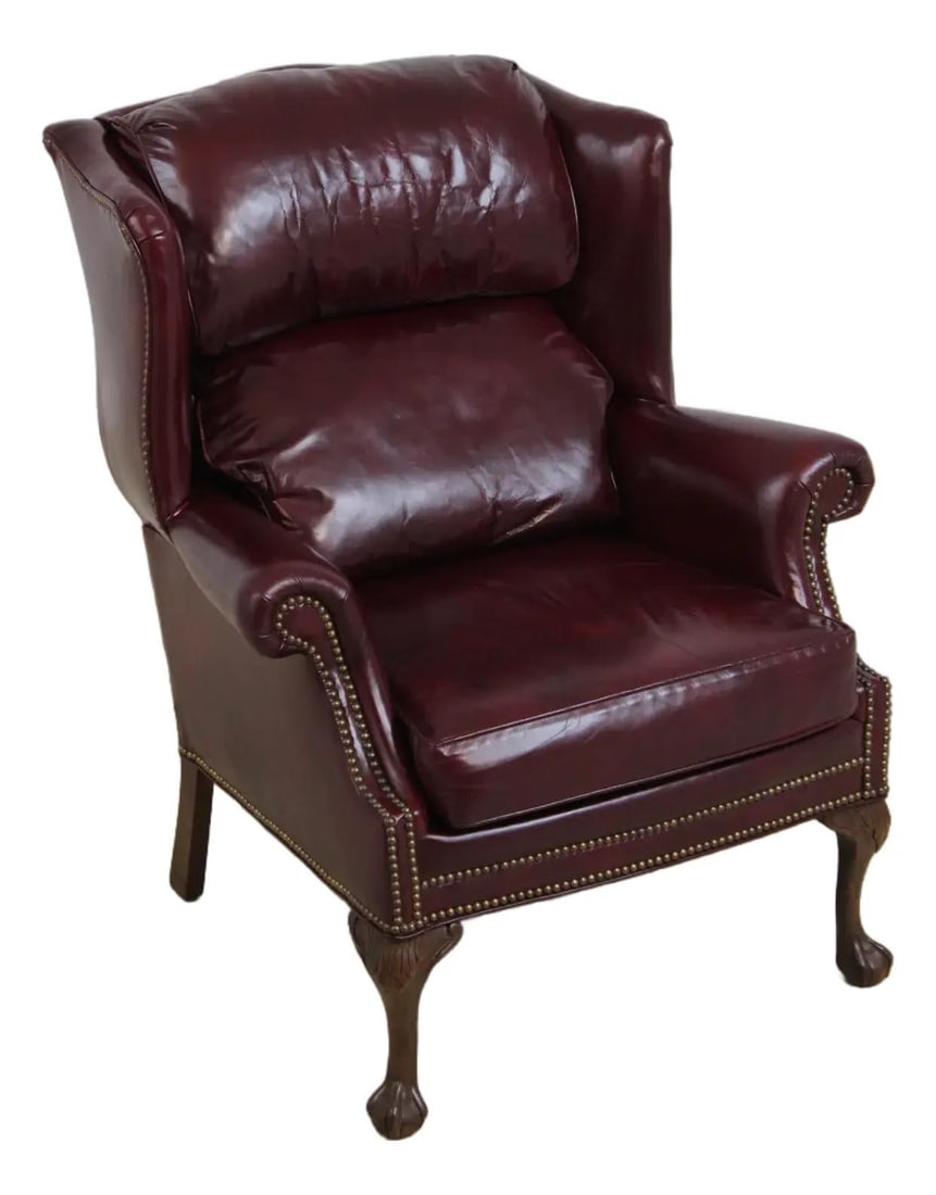 Burgundy Leather Wingback Chair with Ball and Claw Feet Chippendale Style (1 of 10)