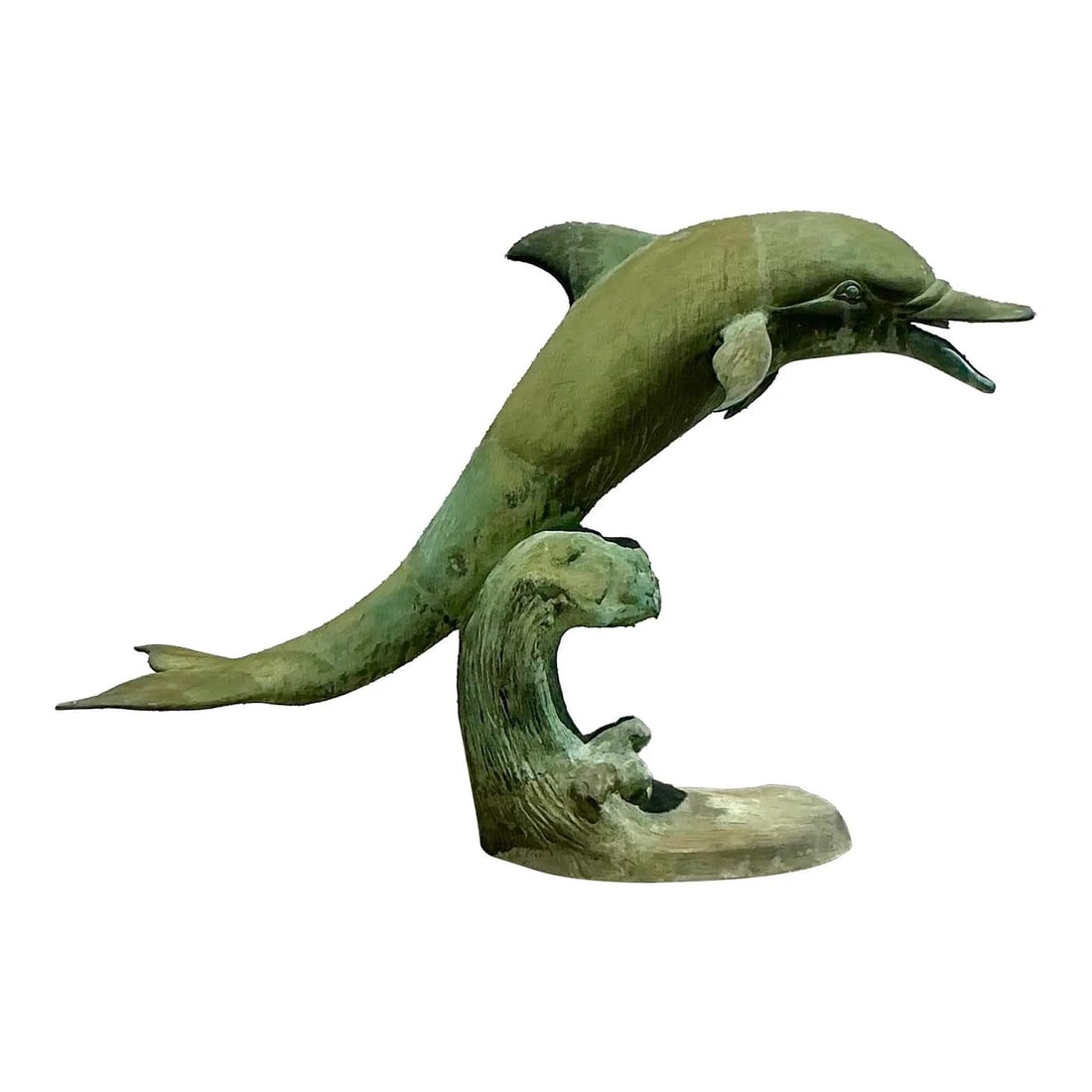 Vintage Coastal Bronze Dolphin Sculpture with Verdigris Patina 63.5" Long: Vintage Coastal Bronze Dolphin Sculpture with Verdigris Patina 63.5" Long Introduce a touch of coastal elegance with this stunning vintage dolphin sculpture, expertly crafted from cast metal, likely b