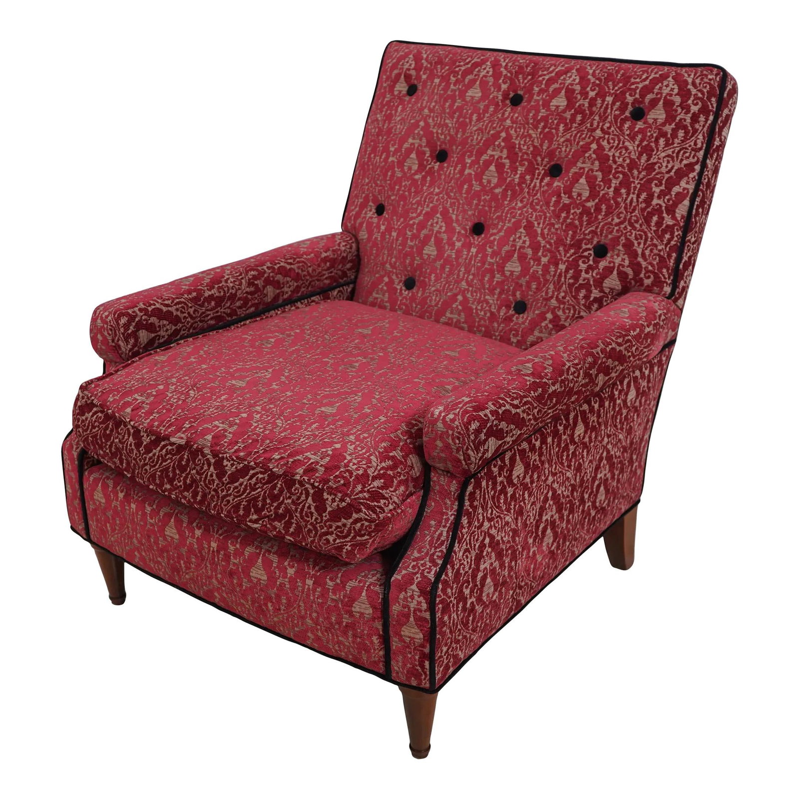 Baker Deco Modern Lounge Chair Brown Upholstery Tufted Back: Baker Deco Modern Lounge Chair Brown Upholstery Tufted Back This stunning Baker Deco Modern Style Lounge Chair combines elegance with comfort, featuring a down seat cushion and a stylish black tufted 