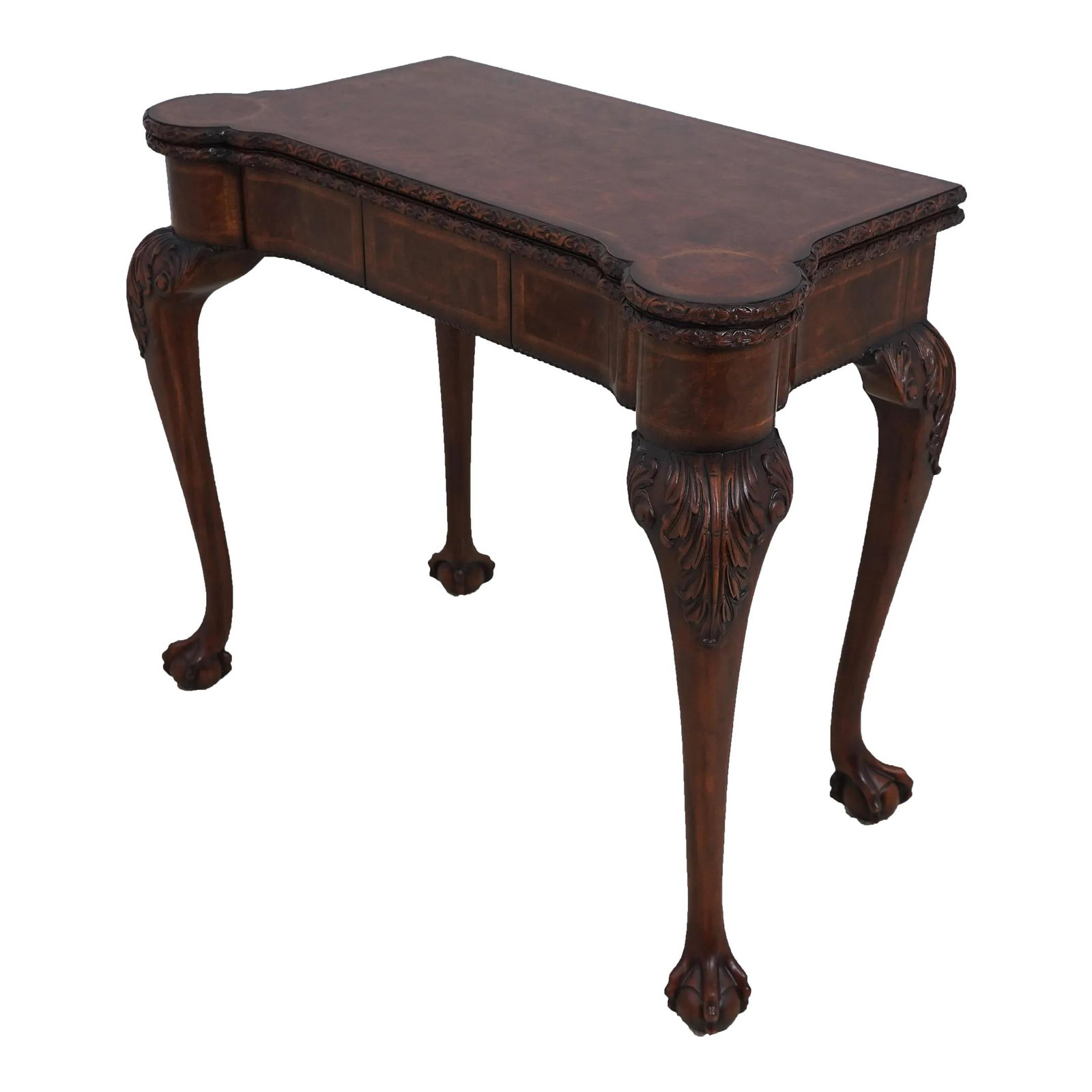 Theodore Alexander Model 5202-099 Burl Walnut Games Table with Leather Insert: Theodore Alexander Model 5202-099 Burl Walnut Games Table with Leather Insert This exquisite Theodore Alexander games table showcases a stunning burl walnut finish with intricately carved ball and cla