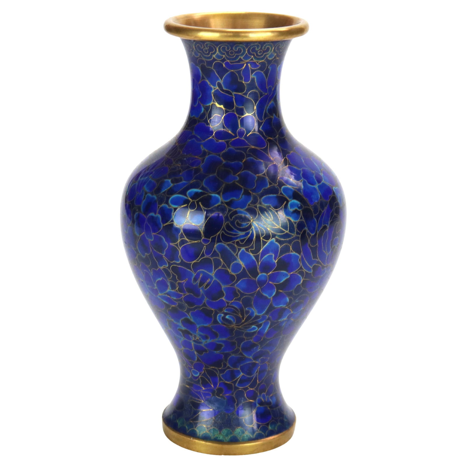 20th Century Chinese Blue Cloisonne Floral Enameled Vase: 20th Century Chinese Blue Cloisonne Floral Enameled Vase This exquisite Chinese cloisonne vase from the 20th century stands at 9.25 inches tall and showcases stunning floral patterns in vibrant blue e