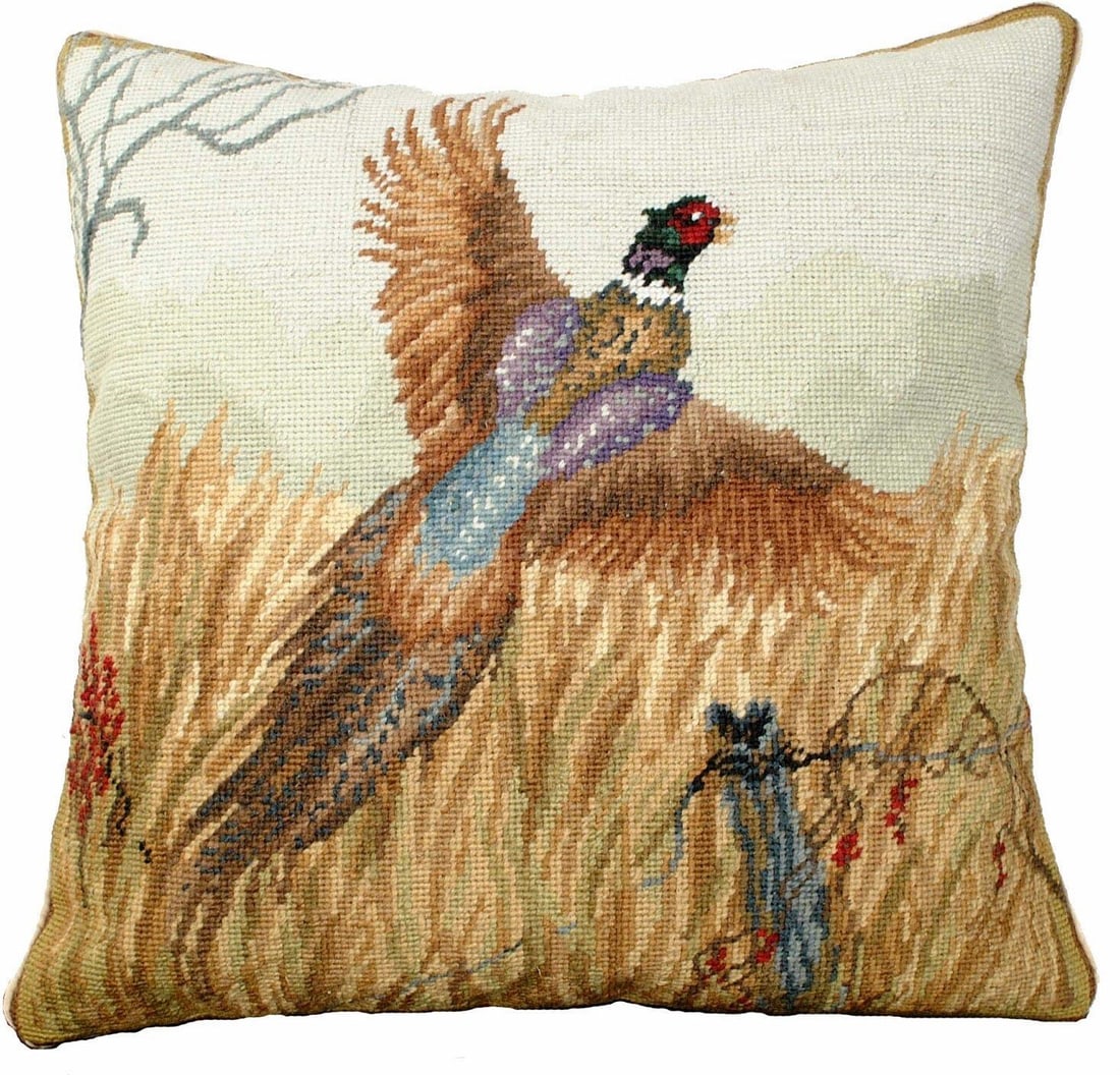 Handmade Scenic Pheasant Pillow with Needlepoint Design (1 of 1)
