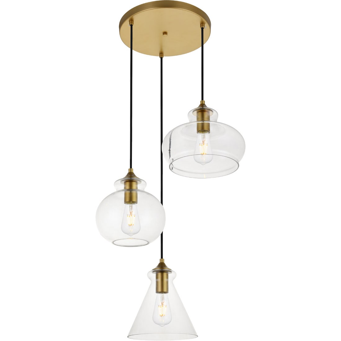 Destry Brass Clear Glass 3 Light Pendant Chandelier: Destry Brass Clear Glass 3 Light Pendant Chandelier This modern pendant chandelier features a contemporary design with three clear glass shades and a brass finish, making it an elegant lighting soluti
