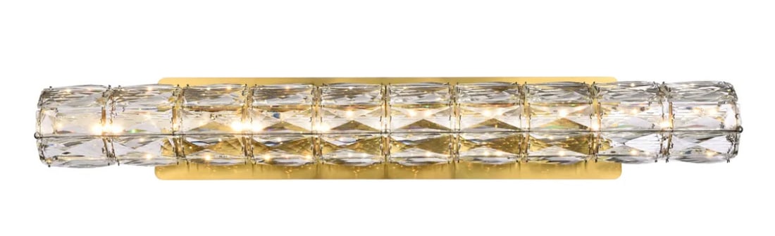 Valetta Gold Crystal LED Wall Sconce 30 Inch: Valetta Gold Crystal LED Wall Sconce 30 Inch This modern crystal wall sconce features a 30-inch length and a gold finish, designed to enhance the ambiance of any indoor space. Constructed from a combi