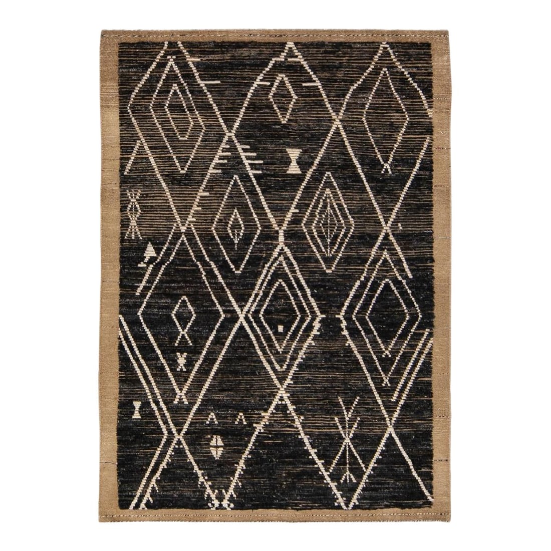 Handmade Moroccan Style Brown Wool Rug 5' x 7' Geometric Design: Handmade Moroccan Style Brown Wool Rug 5' x 7' Geometric Design Elevate your living space with this exquisite Modern Moroccan Style Handmade Wool Rug. Featuring a rich brown field with elegant tan