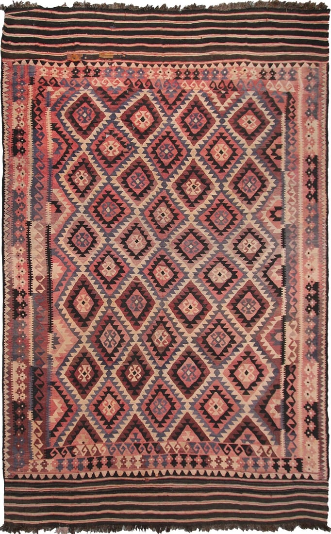 Antique Tribal Bessarabian Kilim Rug 10x16 Geometric Wool: Antique Tribal Bessarabian Kilim Rug 10x16 Geometric Wool This antique tribal Kilim rug features a striking geometric pattern in a unique color palette of pink, blue, ivory, brown, and beige. Handwove