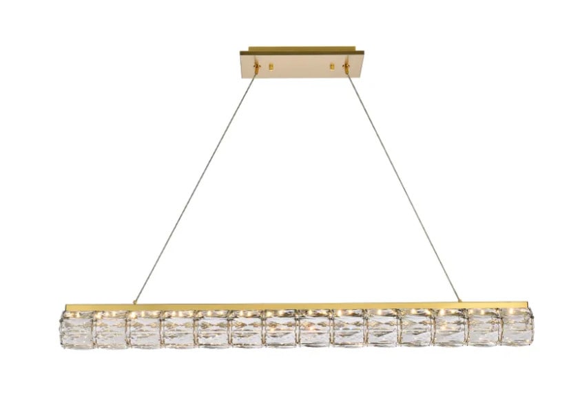 Valetta Goldish Crystal LED Chandelier 42 Inch: Valetta Goldish Crystal LED Chandelier 42 Inch This modern crystal chandelier features a gold finish and a sleek rectangular design, ideal for dining rooms, kitchen islands, living rooms, bedrooms, ha