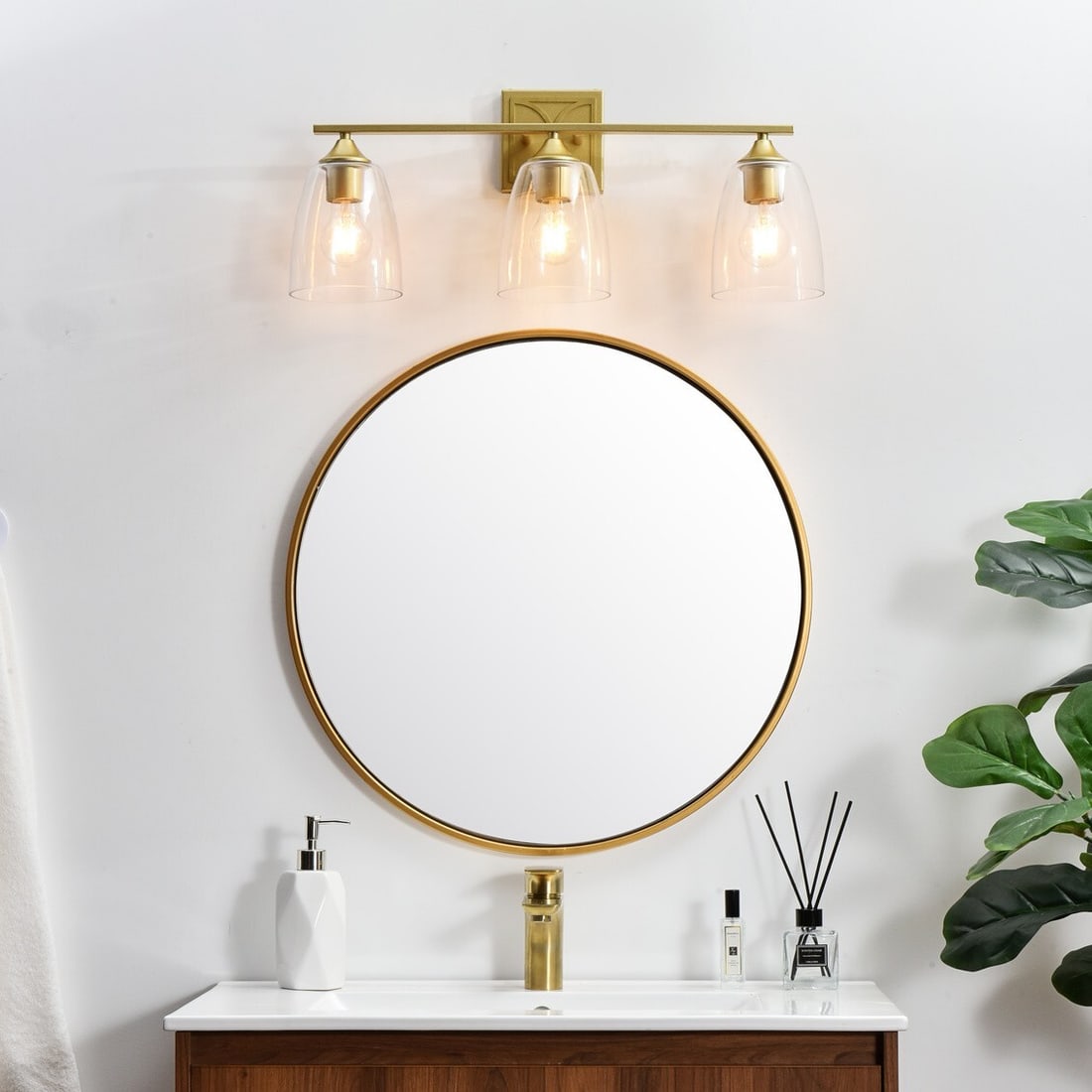 Brass 3 Light Glass Shade Wall Sconce Harris 24 Inch (1 of 7)