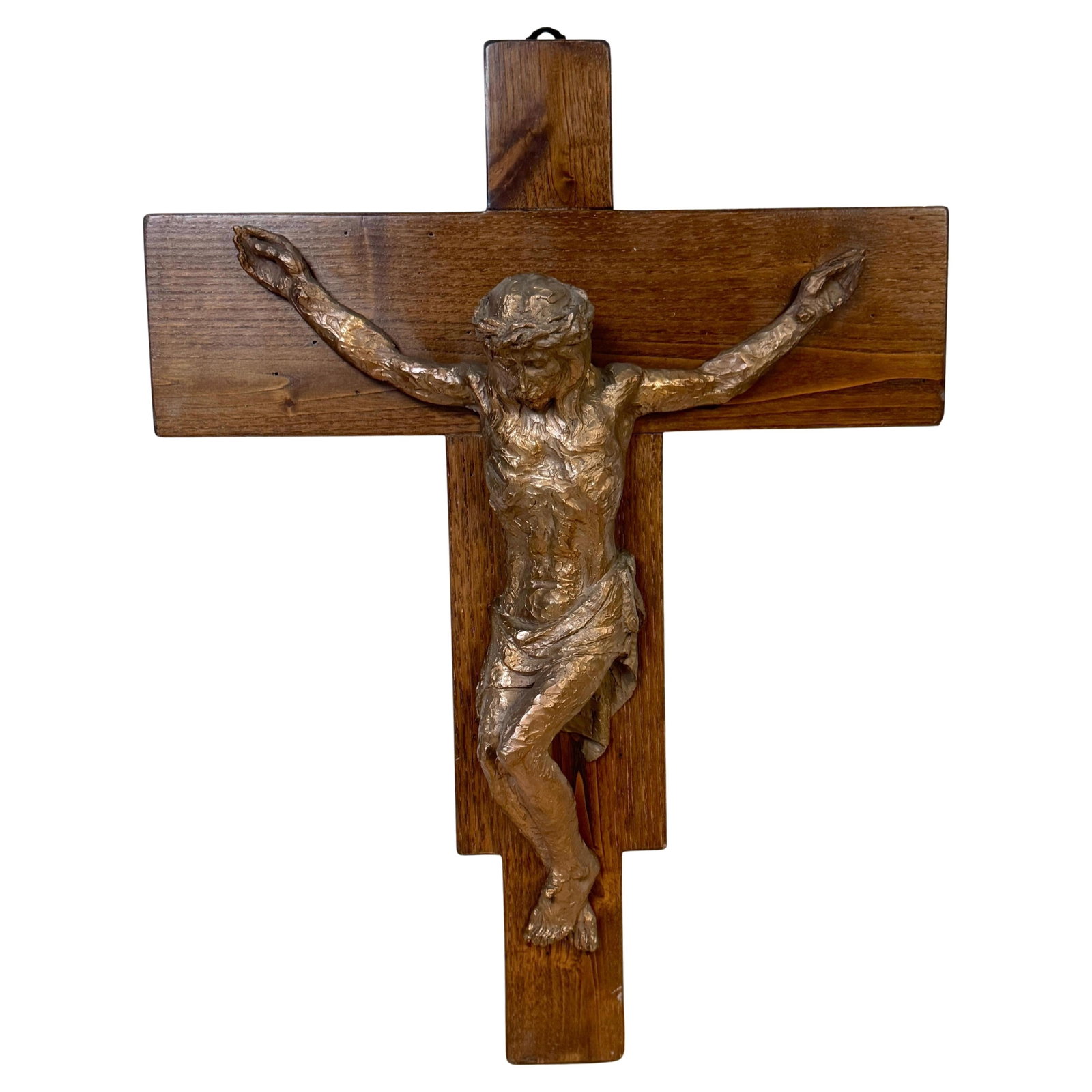Mid-Century Modernist Cast Bronze Crucifix on Walnut Cross (1 of 12)