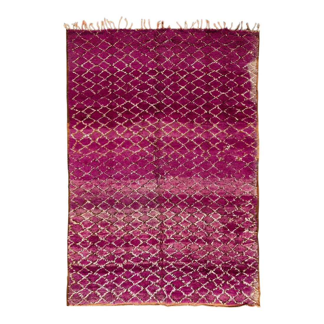 Vintage Mid-20th Century Purple Moroccan Wool Rug 6'3 x 9': Vintage Mid-20th Century Purple Moroccan Wool Rug 6'3 x 9' This stunning vintage Moroccan wool rug features a vibrant purple field adorned with intricate ivory and brown tribal accents. Hand-knotted