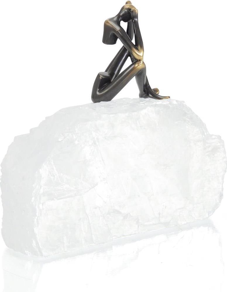 John-Richard Bronze Sculpture Man on Selenite Stone 6H 8W 2.75D: John-Richard Bronze Sculpture Man on Selenite Stone 6H 8W 2.75D Experience the elegance of this Timeless Art sculpture featuring a bronze figure of a man perched on selenite stone. Designed in an anti