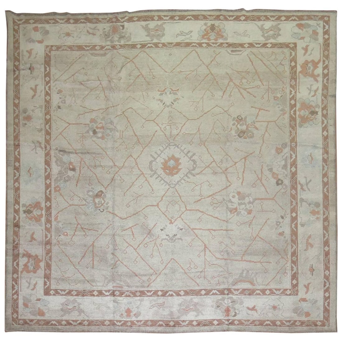 Square Turkish Oushak Rug in Gray and Brown Wool 109 x 118 Inches: Square Turkish Oushak Rug in Gray and Brown Wool 109 x 118 Inches This Turkish Oushak carpet features a hand-knotted wool construction in gray and brown tones. Crafted in 2010, the rug reflects the