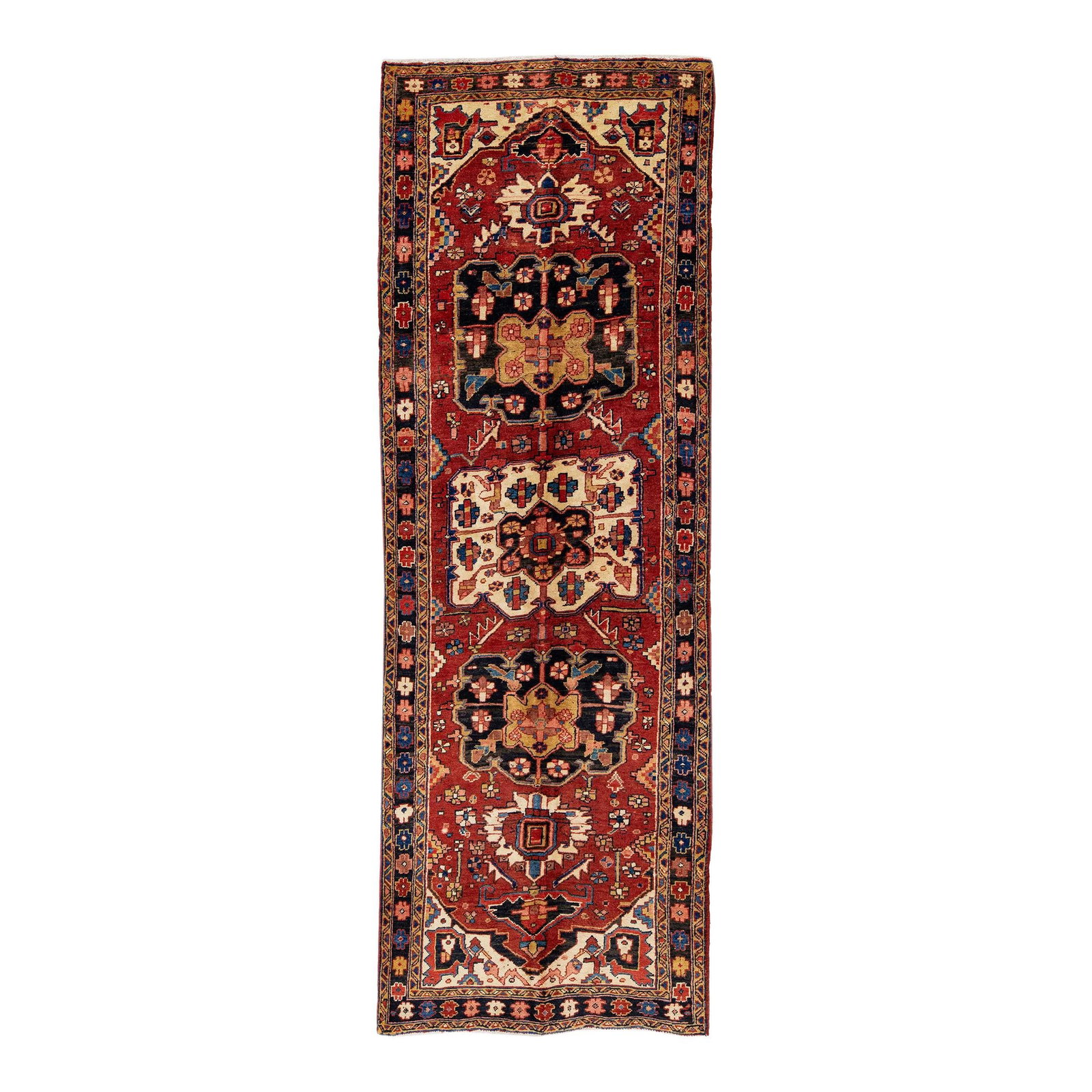 1960s Vintage Persian Heriz Red Wool Runner Medallion 3'9 x 11'2: 1960s Vintage Persian Heriz Red Wool Runner Medallion 3'9 x 11'2 This stunning vintage Persian Heriz runner showcases exquisite hand-knotting in rich red wool. The piece features a striking all-over